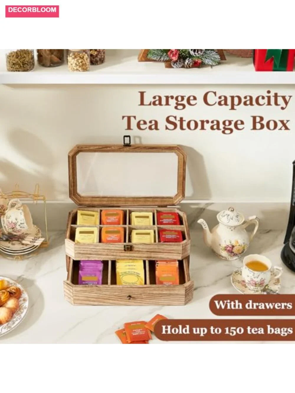 Solid Wood 2 Layer Tea Bag Organizer with Drawer Acrylic Window